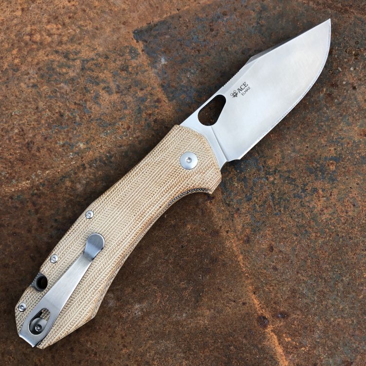 GiantMouse ACE Grand Natural Canvas Micarta Uddeholm Elmax Satin Blade Folding Knife